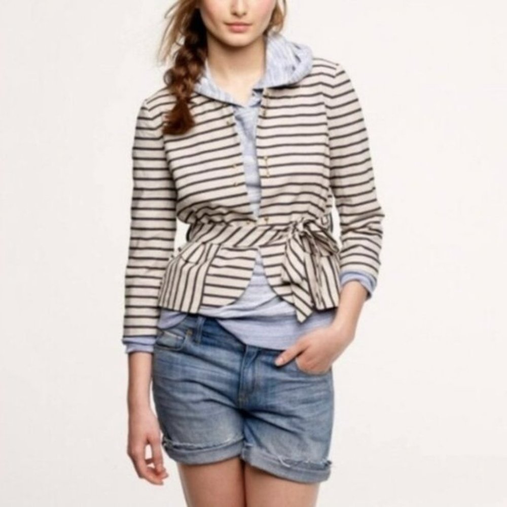 J. Crew Striped Navy Beige Neutral Pirate Sailor Nautical Clasp Belted Jacket 10